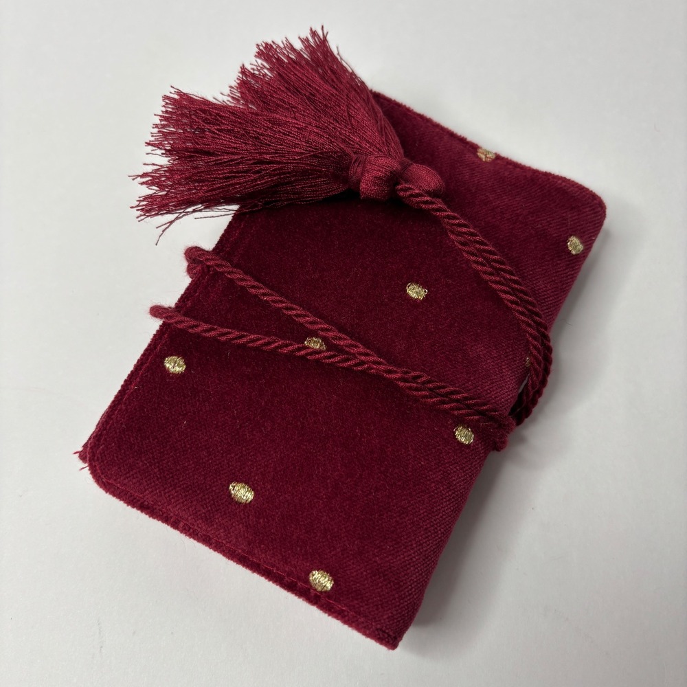 Sezane Burgundy Velvet Gold Polka Dot Tassel Jewelry Travel Roll Pouch Boho